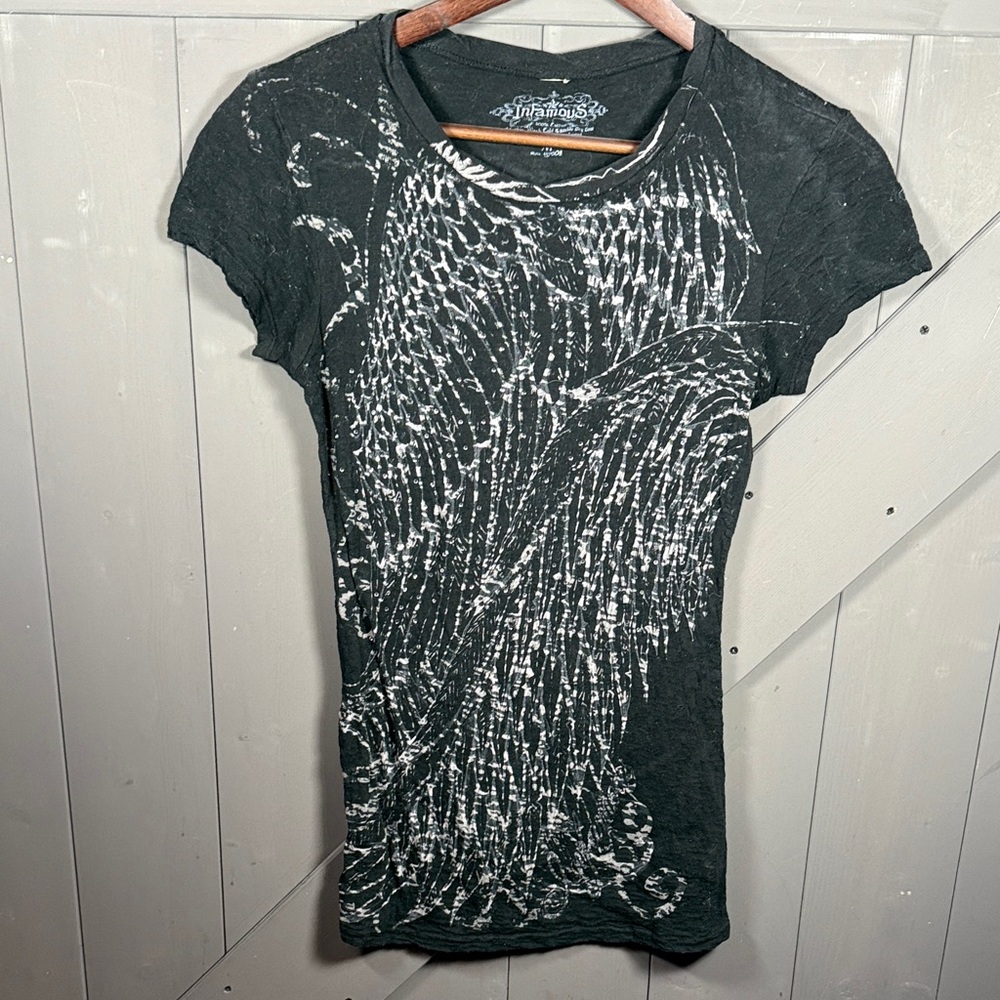Infamous Women's Black and White Graphic Sheer Lacey Tee with Bling